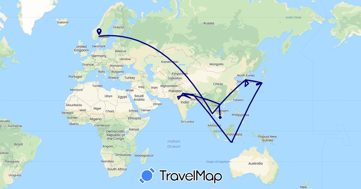 TravelMap itinerary: driving in Indonesia, India, Japan, South Korea, Norway, Nepal, Thailand, Vietnam (Asia, Europe)